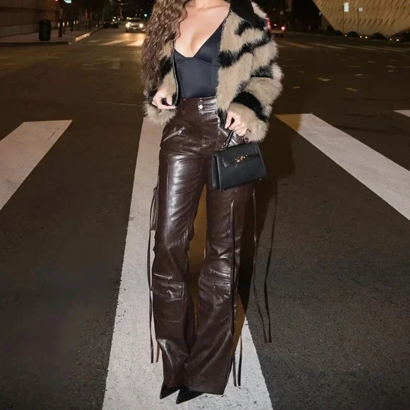 Fashion Nova Brown Leather Wide Leg Pants - Picture 4 of 6